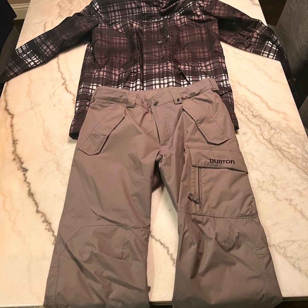 Men’s Burton snowboard, jacket, and snowboard pants in like new condition